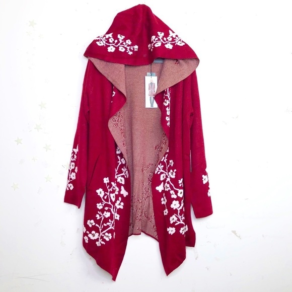 𝅺Vertigo poppy intarsia burgundy & white floral hooded cardi sweater coa… - Picture 2 of 15